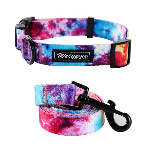 Tie Dye Dog Collar Pet Funny Dog Leash Set for Small Medium Large Dogs Tie Dye Collars (S(9.8'' - 12''))