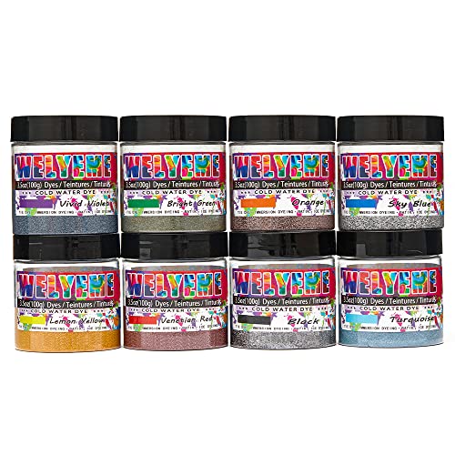 WELYEME Cold Water Dye Powder, 8-Color Assortment, 7/2-oz. Bulk Jars, for Tie-Dye, Batik, Ice Dyeing. Tie-Dye Powder 8 Pack