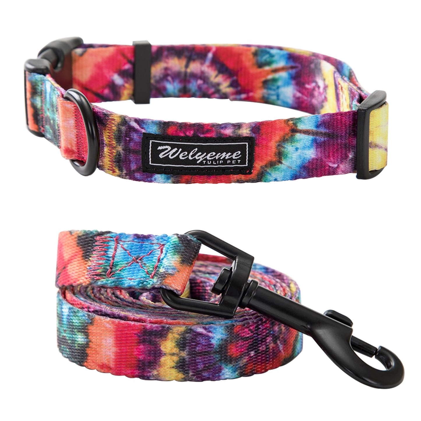 Tie Dye Dog Collar Pet Funny Dog Leash Set for Small Medium Large Dogs Tie Dye Collars (S(9.8'' - 12''))