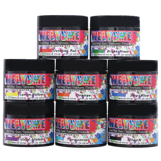 WELYEME Cold Water Dye Powder, 8-Color Assortment, 7/2-oz. Bulk Jars, for Tie-Dye, Batik, Ice Dyeing. Tie-Dye Powder 8 Pack