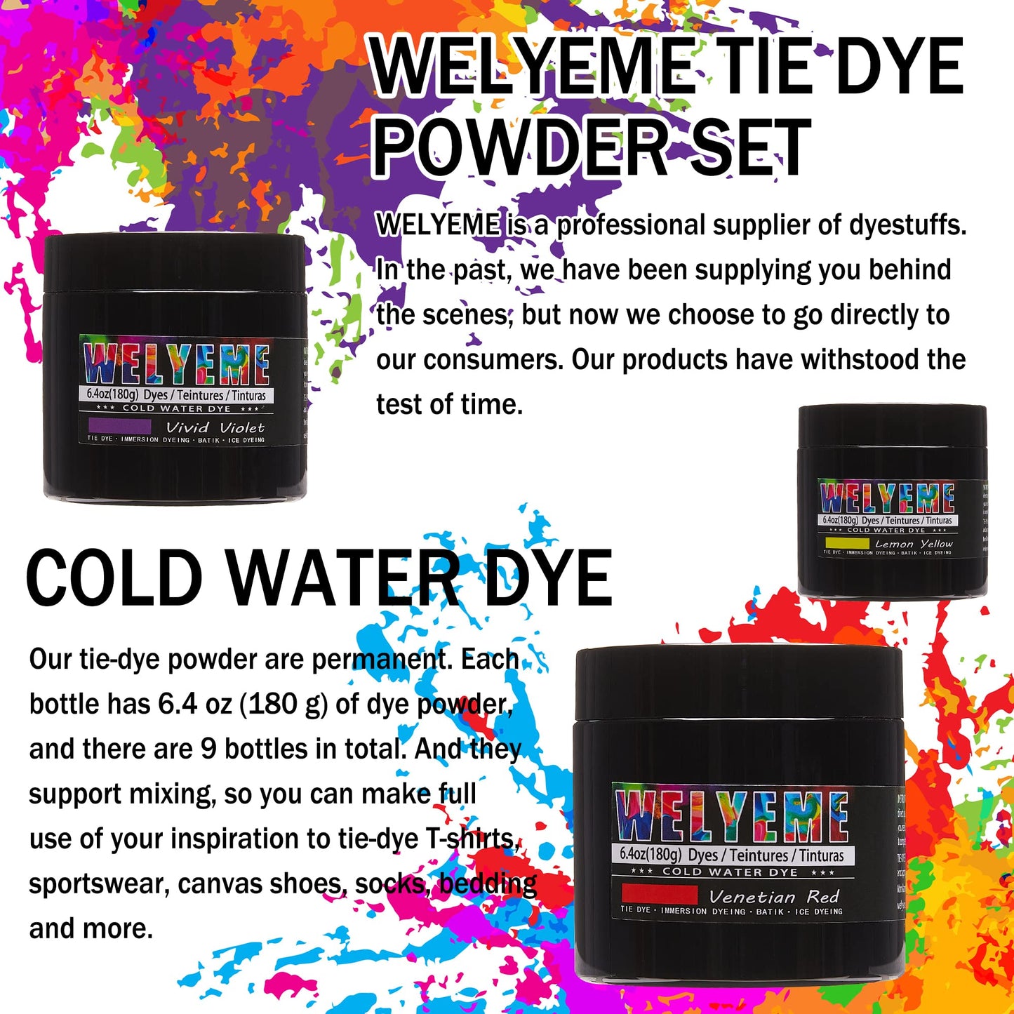 Tie Dye Powder Bulk, Fabric Dye Powder 9 Pack, Cold Water Dye Set for Clothes, Tie-Dye Powder Kit