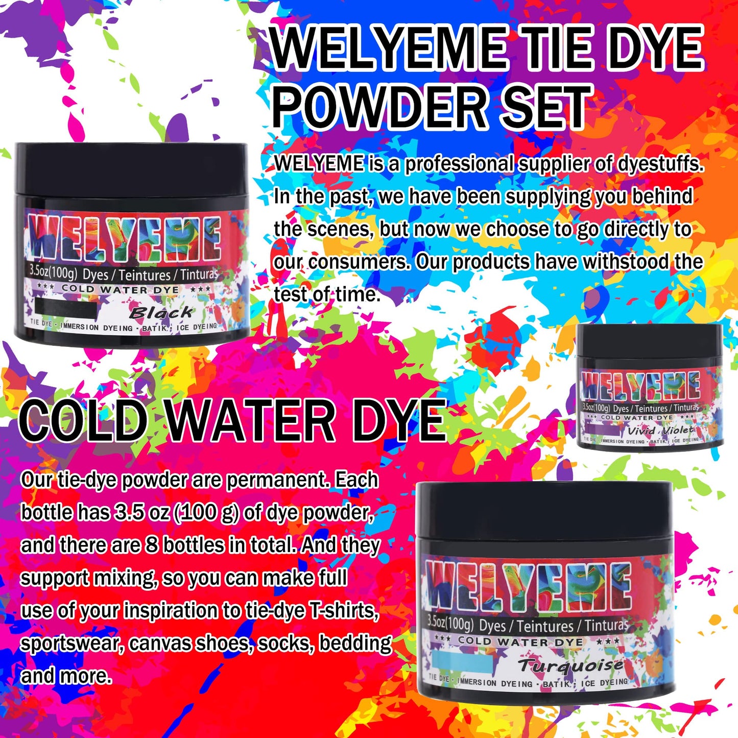 WELYEME Cold Water Dye Powder, 8-Color Assortment, 7/2-oz. Bulk Jars, for Tie-Dye, Batik, Ice Dyeing. Tie-Dye Powder 8 Pack