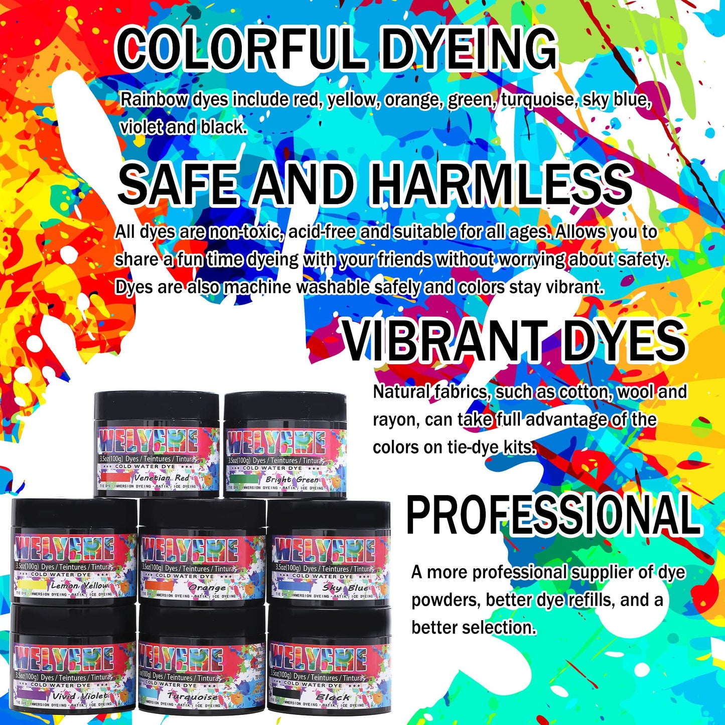 WELYEME Cold Water Dye Powder, 8-Color Assortment, 7/2-oz. Bulk Jars, for Tie-Dye, Batik, Ice Dyeing. Tie-Dye Powder 8 Pack